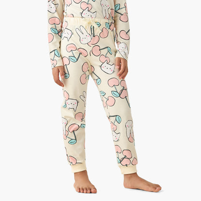 Juniors Cotton Crew Neck Long Sleeves Pyjama Set with Print