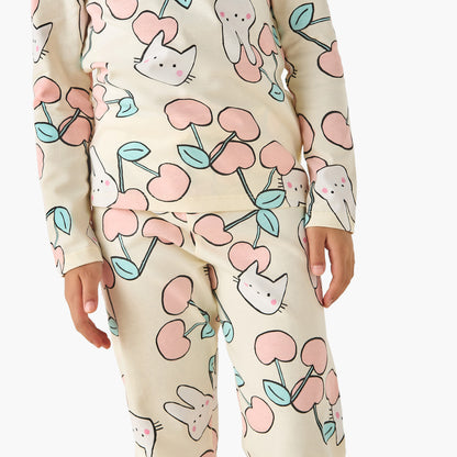 Juniors Cotton Crew Neck Long Sleeves Pyjama Set with Print