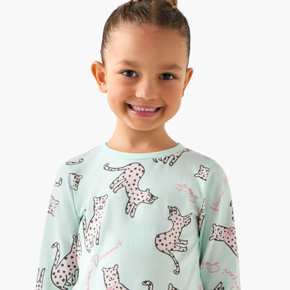 Juniors Cotton Crew Neck Long Sleeves Pyjama Set with Print