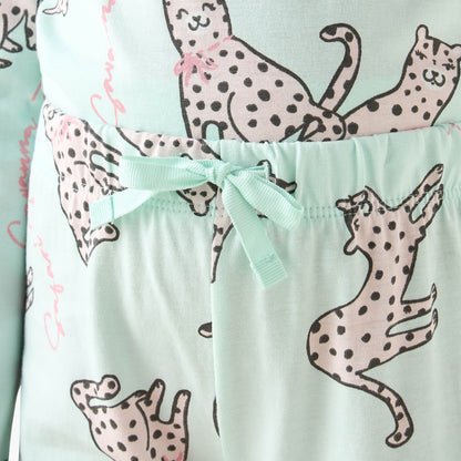 Juniors Cotton Crew Neck Long Sleeves Pyjama Set with Print