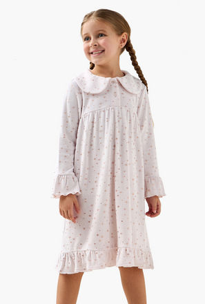 Juniors Cotton Collared Long Sleeves Night Dress with Star Print and Ruffled Hem