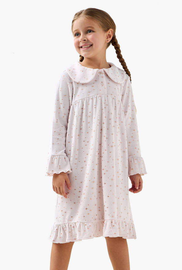 Juniors Cotton Collared Long Sleeves Night Dress with Star Print and Ruffled Hem