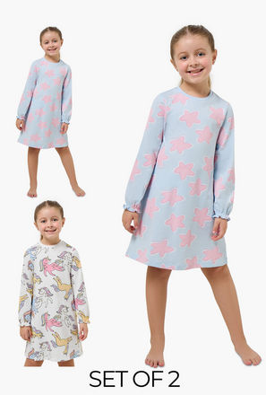 Pack of 2 Juniors Crew Neck Long Sleeves Night Dress with Fun Prints