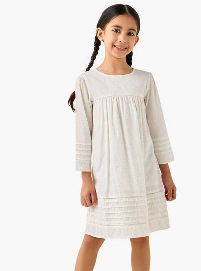 Juniors Cotton Round Neck Long Sleeves Night Dress with Textured Design-girls-clothing-nightwear-image-1