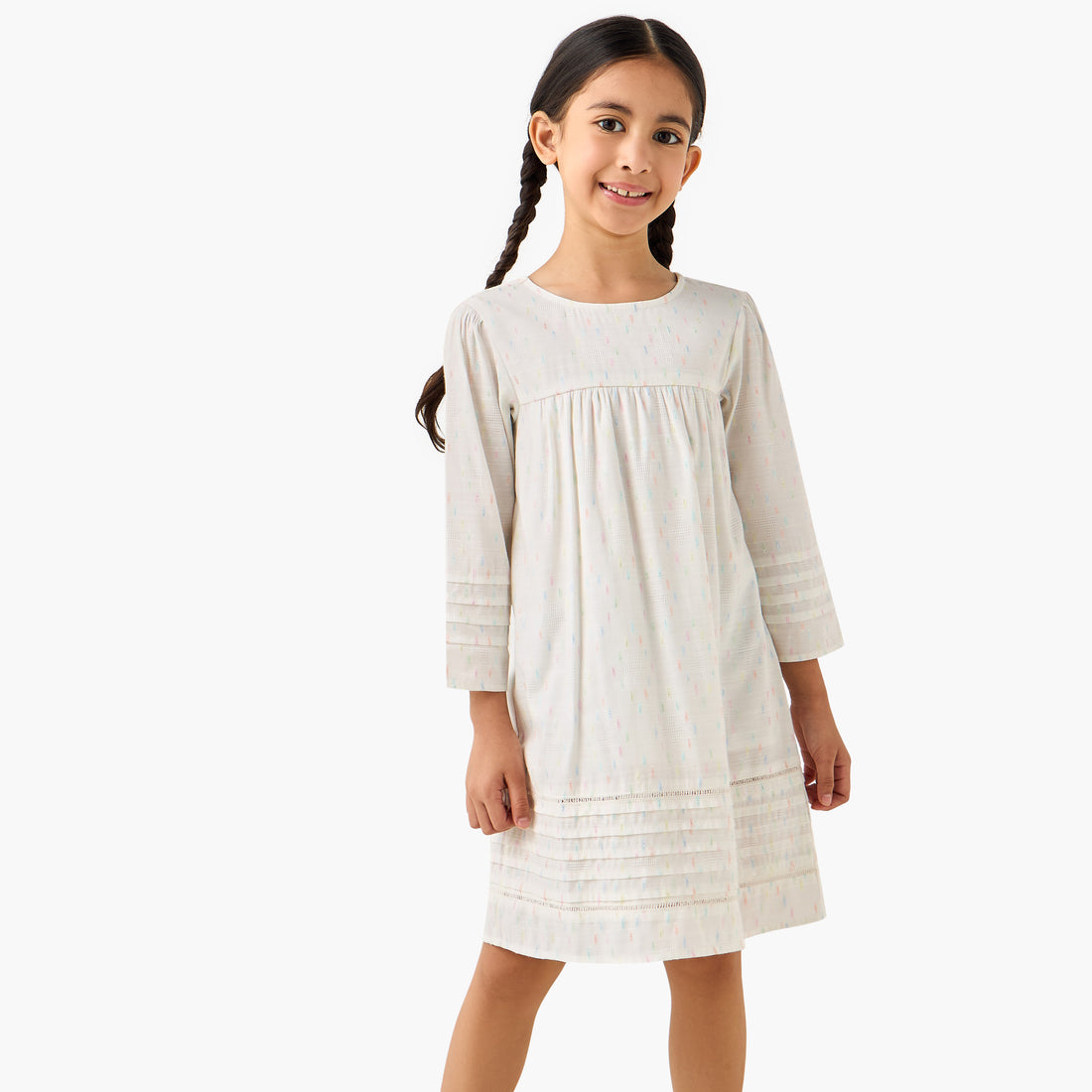 Juniors Cotton Round Neck Long Sleeves Night Dress with Textured Design - Cream / 2-3 yrs