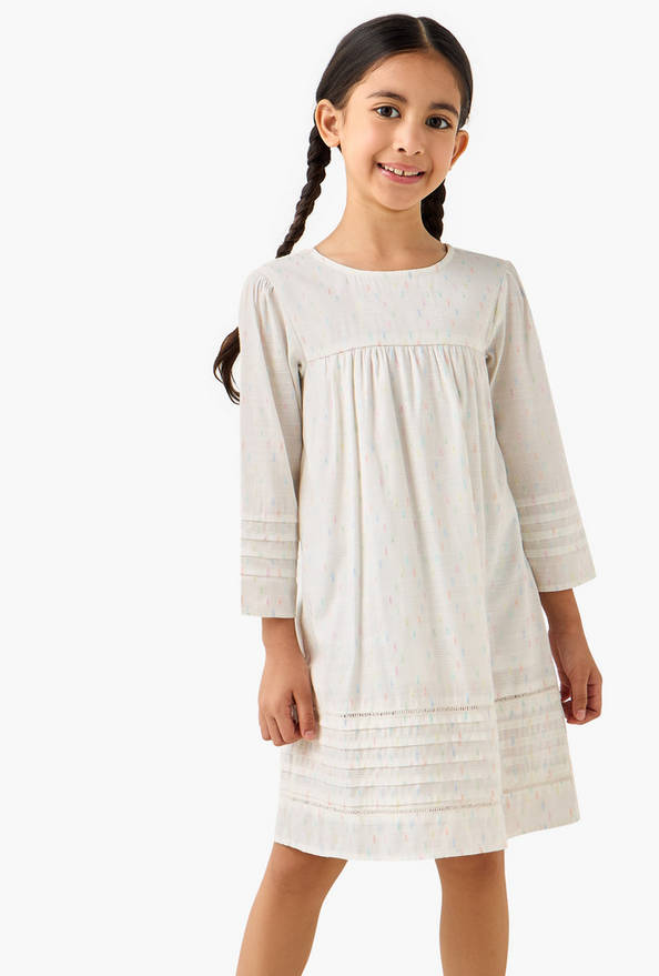 Juniors Cotton Round Neck Long Sleeves Night Dress with Textured Design
