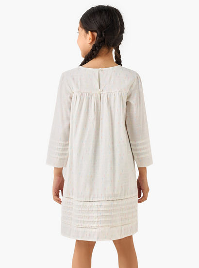Juniors Cotton Round Neck Long Sleeves Night Dress with Textured Design-girls-clothing-nightwear-image-3