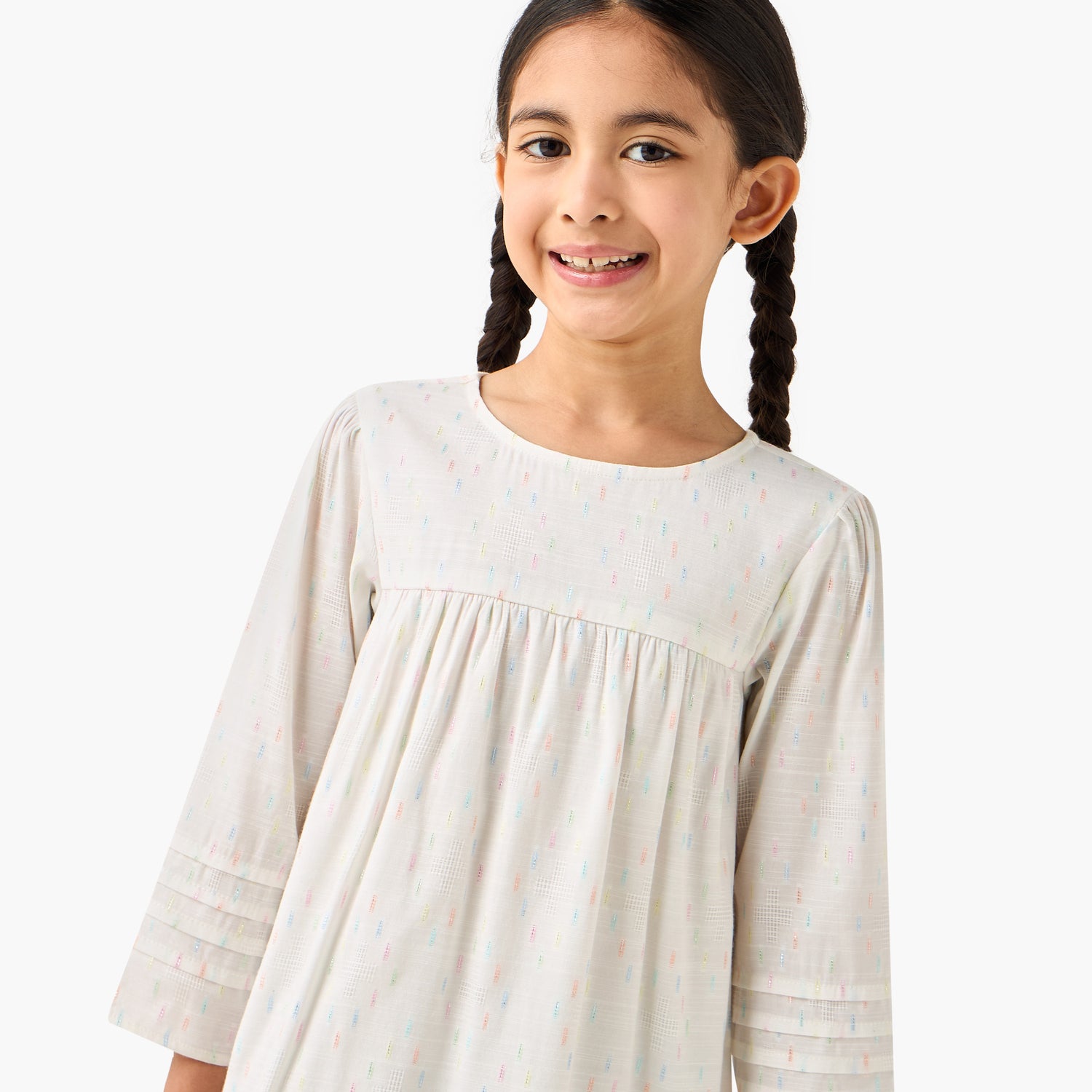 Juniors Cotton Round Neck Long Sleeves Night Dress with Textured Design