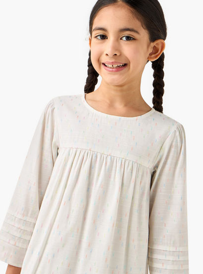 Juniors Cotton Round Neck Long Sleeves Night Dress with Textured Design-girls-clothing-nightwear-image-4