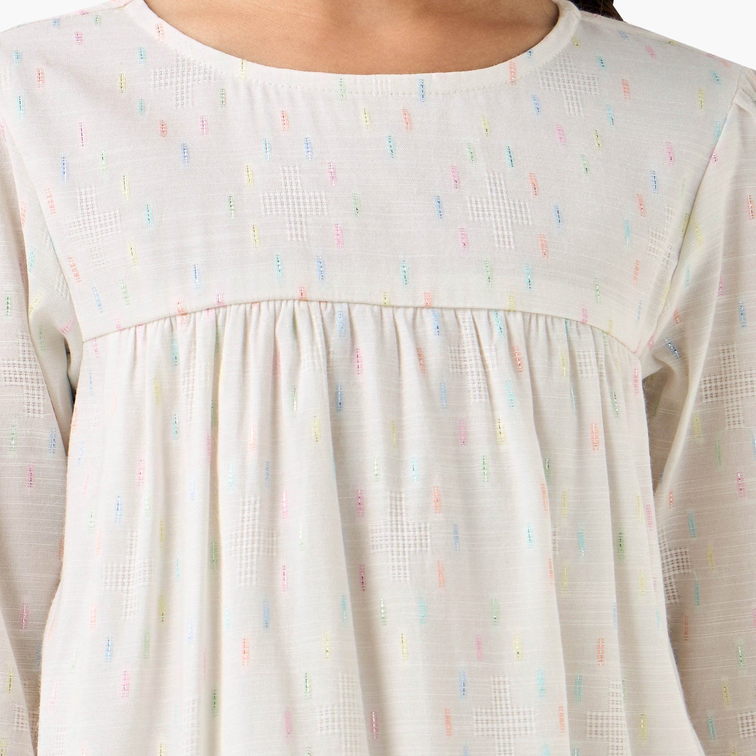 Juniors Cotton Round Neck Long Sleeves Night Dress with Textured Design