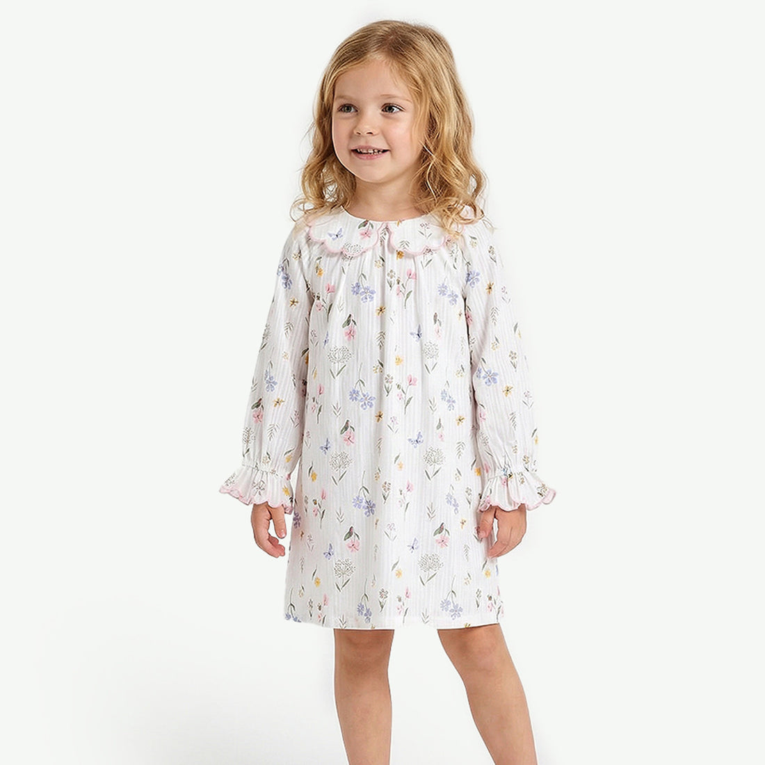 Juniors Cotton Peter Pan Collar Long Sleeves Night Dress with Floral Print - Cream / 7-8 yrs