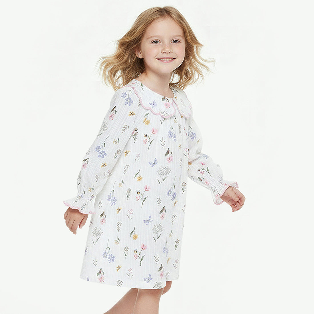 Juniors Cotton Peter Pan Collar Long Sleeves Night Dress with Floral Print