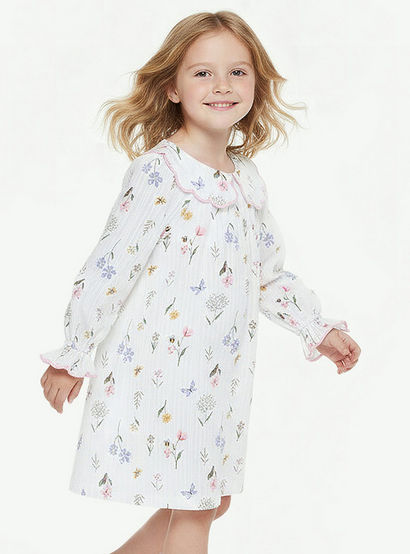 Juniors Cotton Peter Pan Collar Long Sleeves Night Dress with Floral Print-girls-clothing-nightwear-image-2