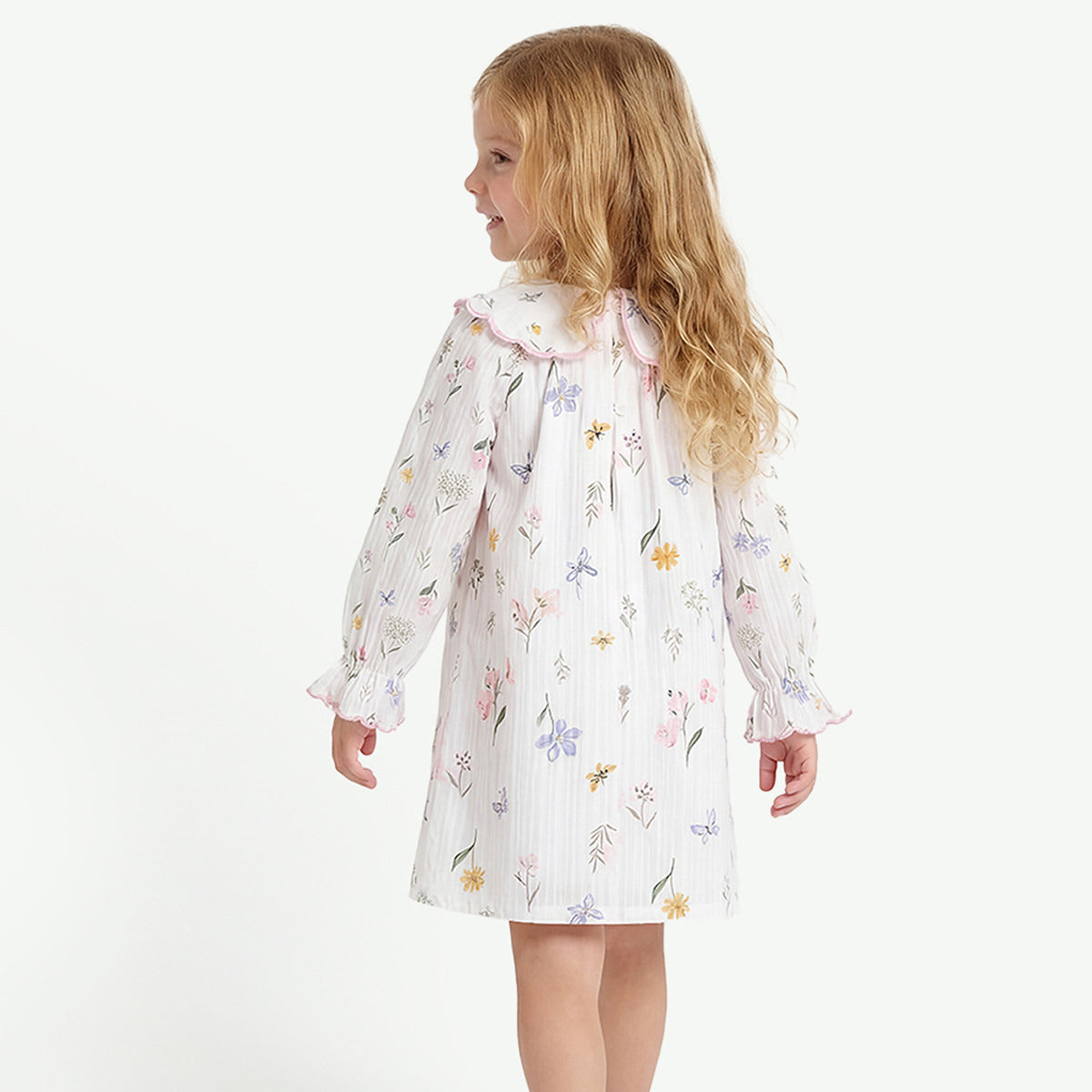 Juniors Cotton Peter Pan Collar Long Sleeves Night Dress with Floral Print