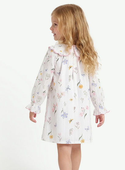Juniors Cotton Peter Pan Collar Long Sleeves Night Dress with Floral Print-girls-clothing-nightwear-image-3