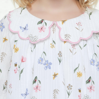 Juniors Cotton Peter Pan Collar Long Sleeves Night Dress with Floral Print