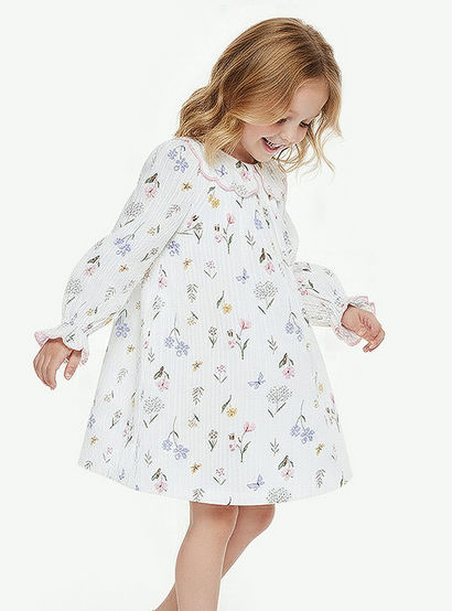 Juniors Cotton Peter Pan Collar Long Sleeves Night Dress with Floral Print-girls-clothing-nightwear-image-5