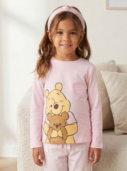 Disney Cotton Crew Neck Long Sleeves Pyjama Set with Winnie The Pooh Print-girls-clothing-nightwear-image-2