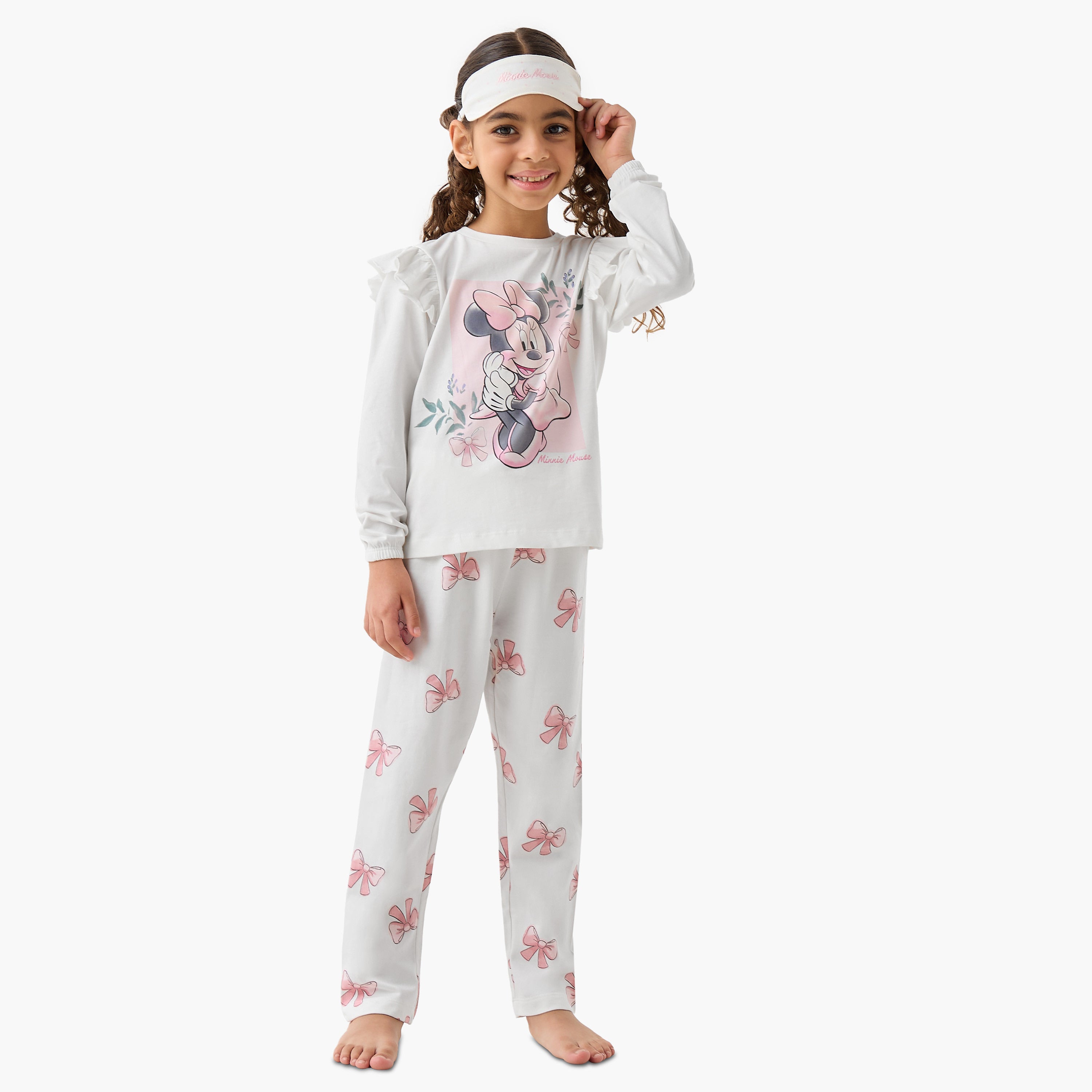 Disney Cotton Round Neck Long Sleeves Pyjama Set with Eye Mask and Minnie Mouse Print - White / 2-3 yrs