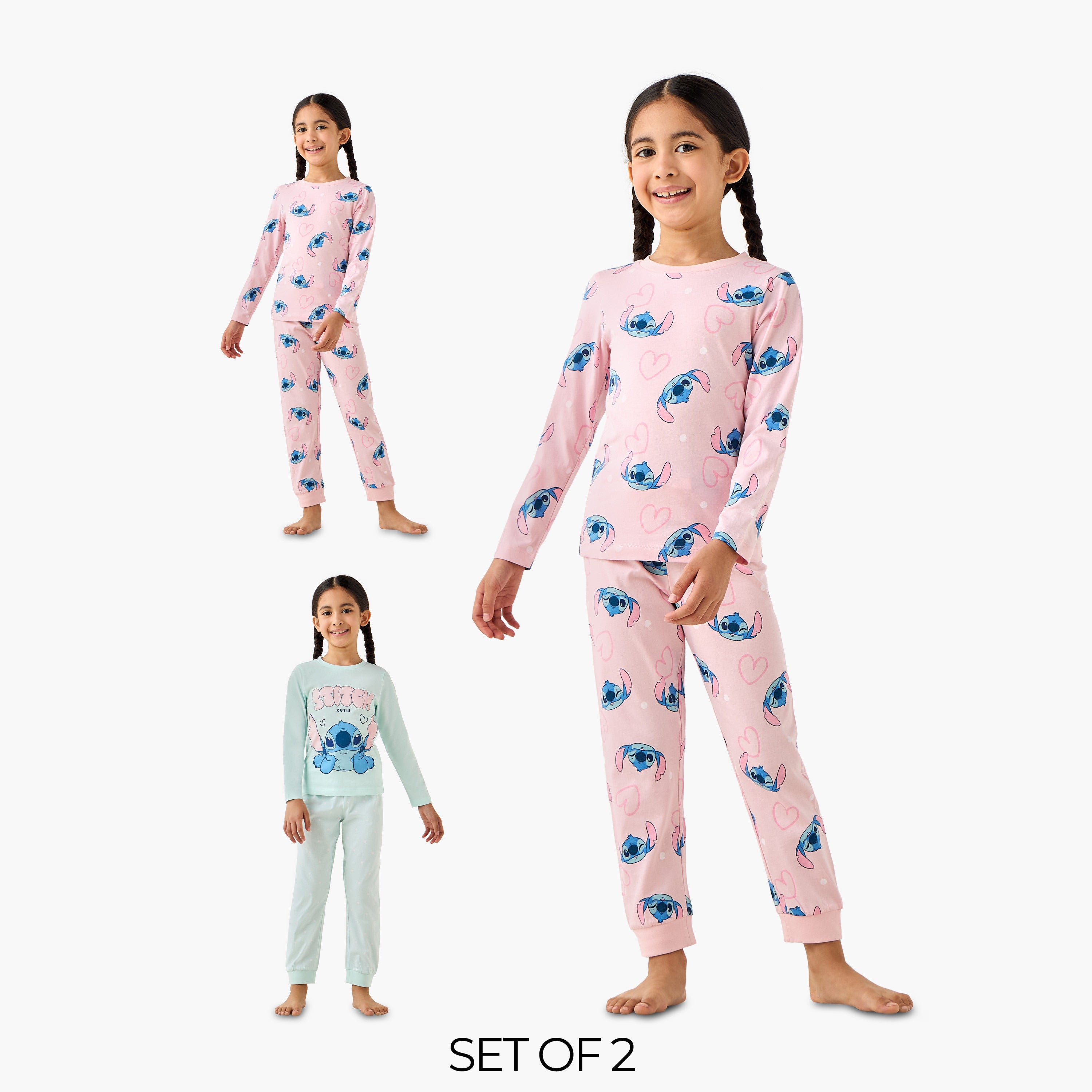 Pack of 2 Disney Cotton Round Neck Long Sleeves Pyjama Set with Stitch Print - Multicolour / 5-6 yrs