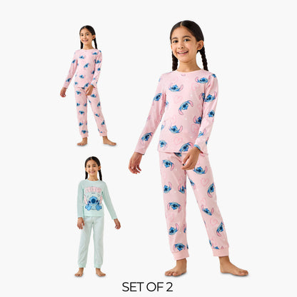 Pack of 2 Disney Cotton Round Neck Long Sleeves Pyjama Set with Stitch Print - Multicolour / 5-6 yrs