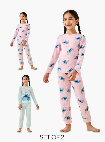 Pack of 2 Disney Cotton Round Neck Long Sleeves Pyjama Set with Stitch Print-girls-clothing-nightwear-image-1