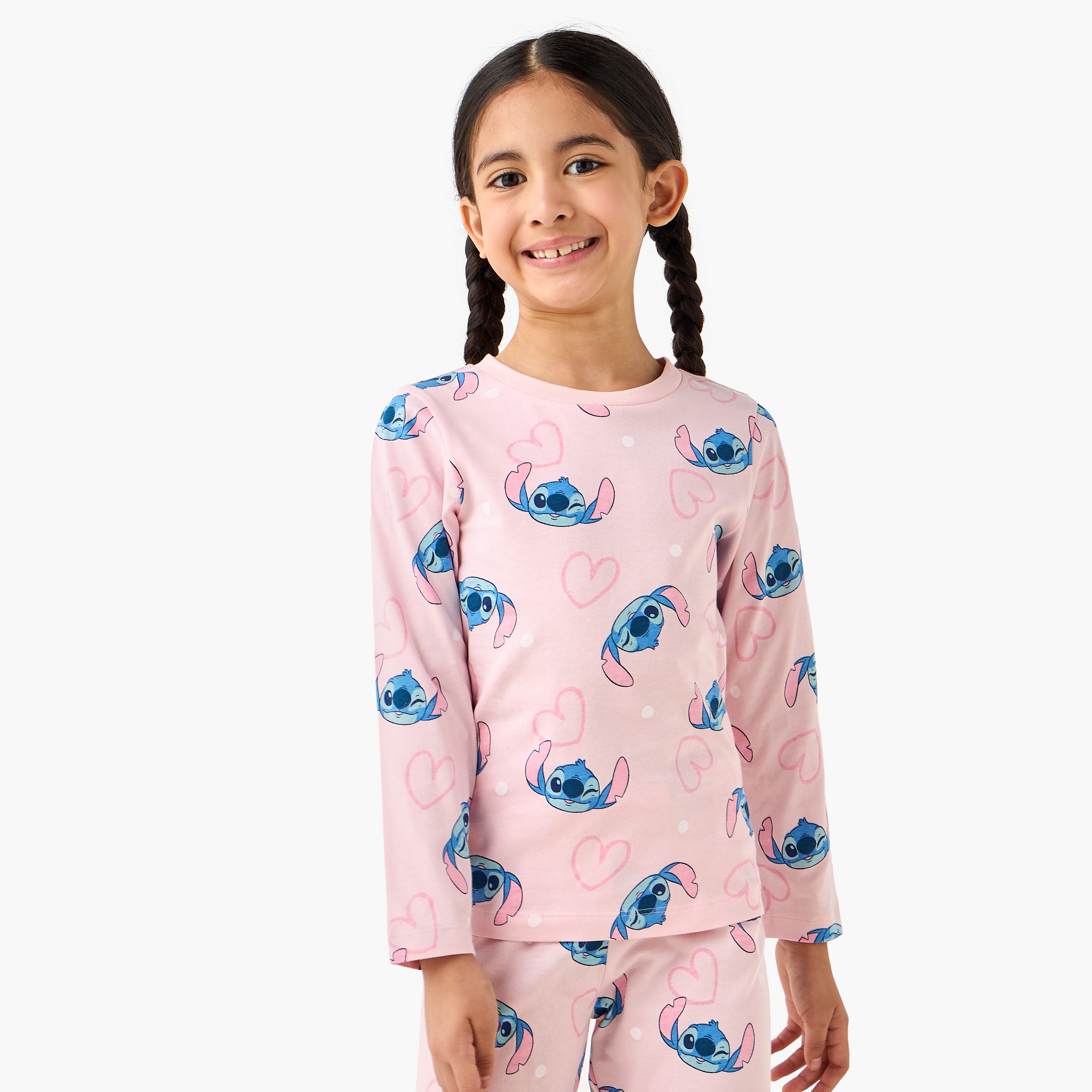 Pack of 2 Disney Cotton Round Neck Long Sleeves Pyjama Set with Stitch Print