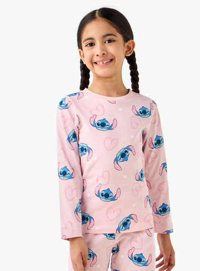 Pack of 2 Disney Cotton Round Neck Long Sleeves Pyjama Set with Stitch Print-girls-clothing-nightwear-image-3