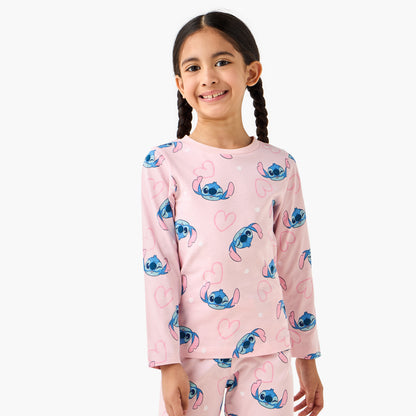 Pack of 2 Disney Cotton Round Neck Long Sleeves Pyjama Set with Stitch Print