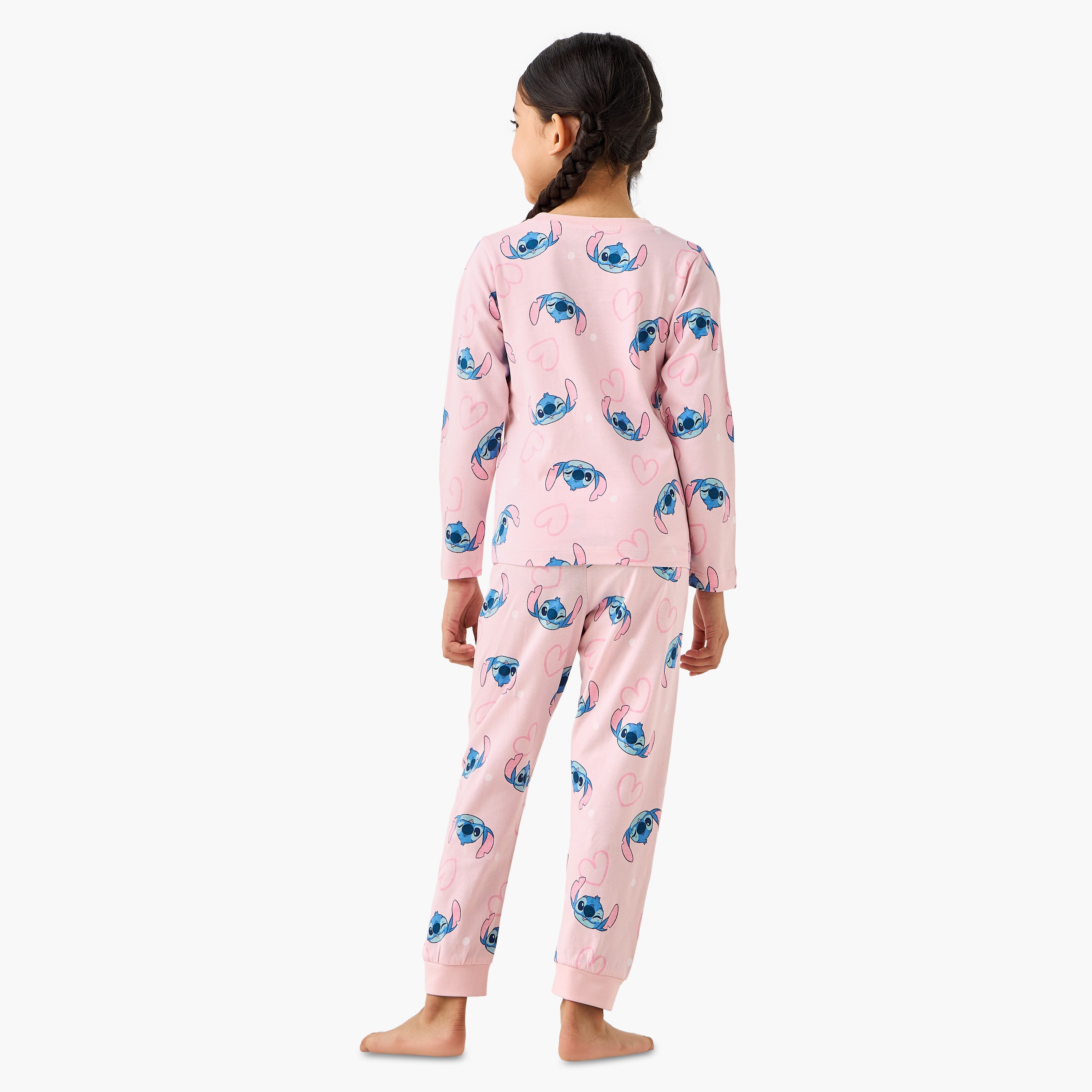 Pack of 2 Disney Cotton Round Neck Long Sleeves Pyjama Set with Stitch Print