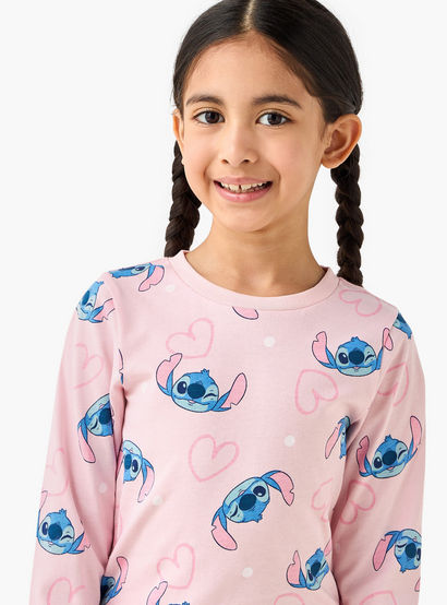 Pack of 2 Disney Cotton Round Neck Long Sleeves Pyjama Set with Stitch Print-girls-clothing-nightwear-image-6