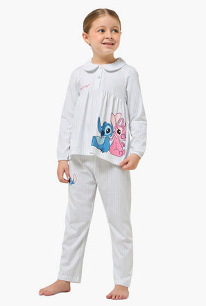 Disney Cotton Peter Pan Collar Long Sleeves Pyjama Set with Angel and Stitch Print