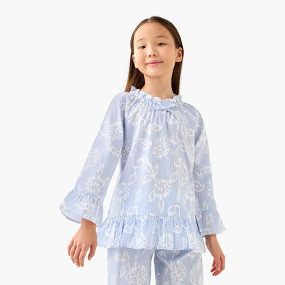 Juniors Cotton Ruffled Neck Long Sleeves Pyjama Set with Floral Print