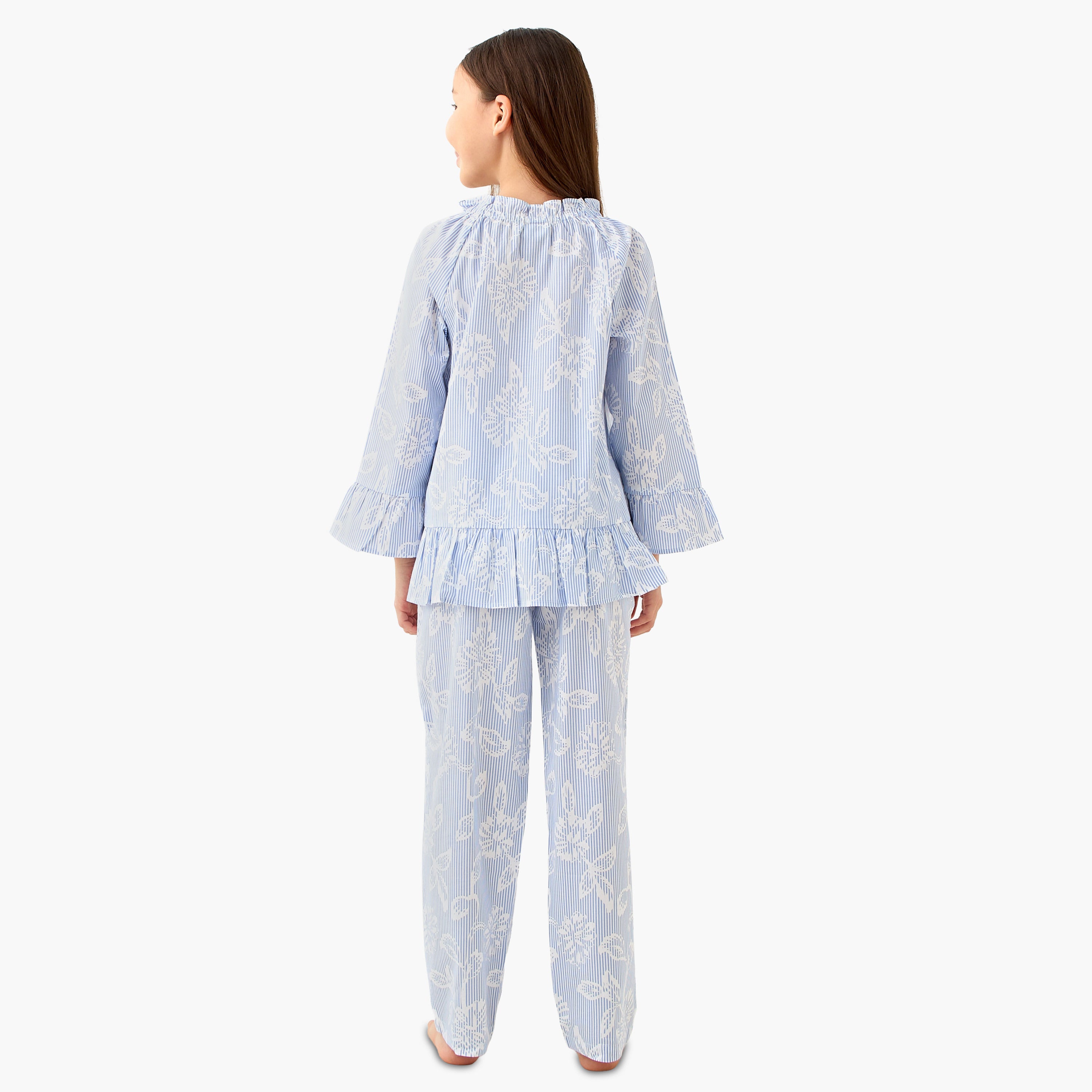 Juniors Cotton Ruffled Neck Long Sleeves Pyjama Set with Floral Print