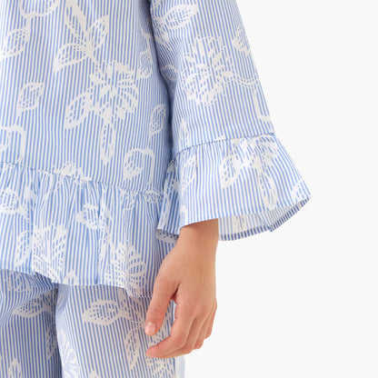 Juniors Cotton Ruffled Neck Long Sleeves Pyjama Set with Floral Print