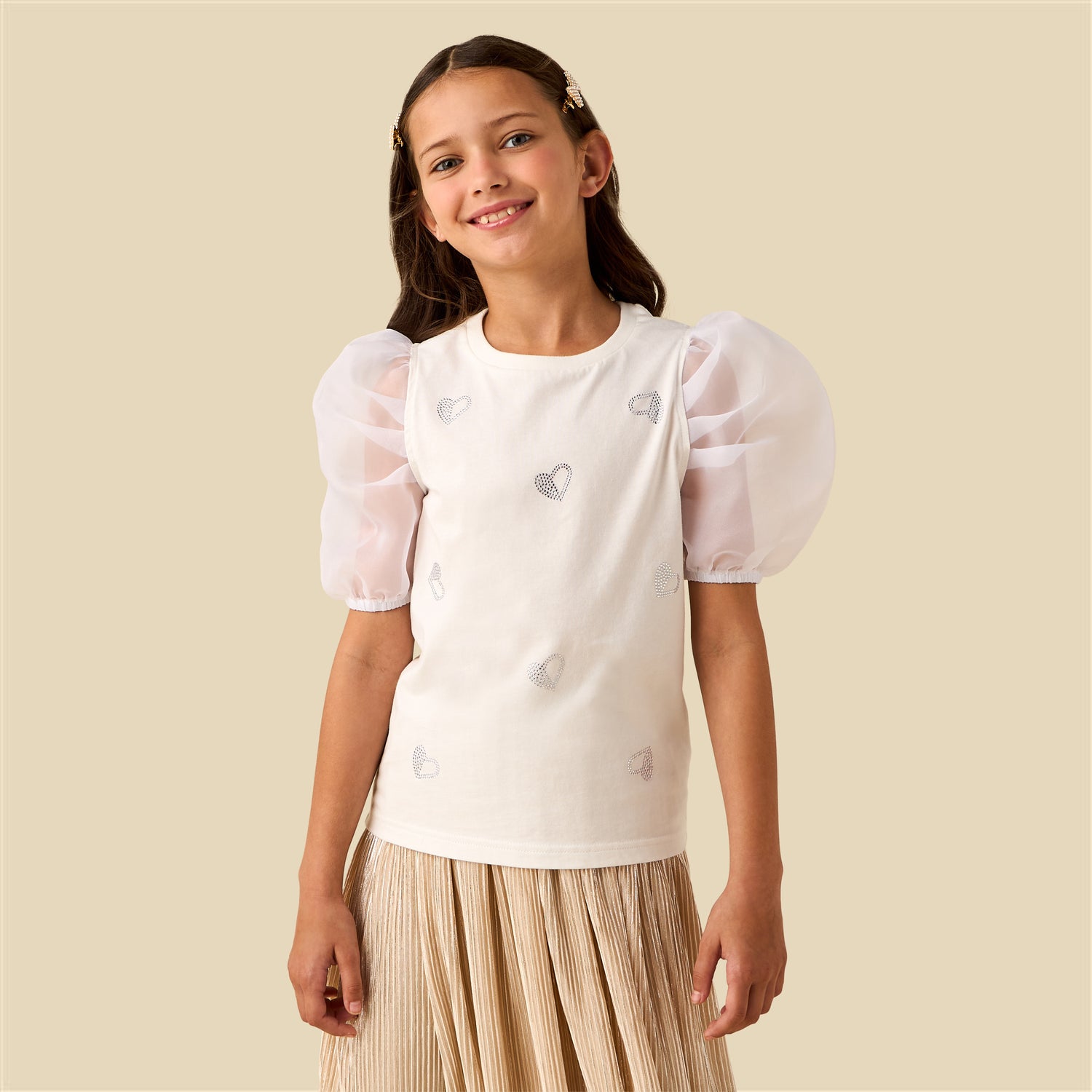 Juniors Crew Neck Short Sleeve T-shirt with Embellishment - White / 10-11 yrs