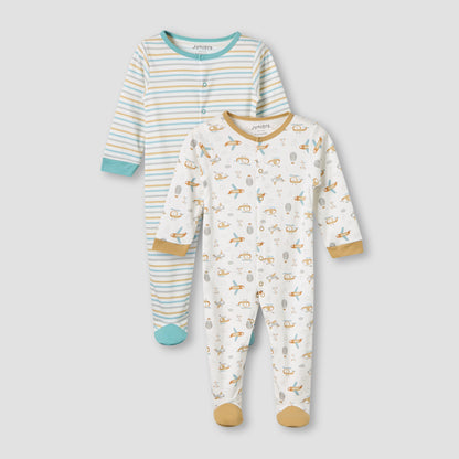 Juniors Cotton Round Neck Long Sleeves Sleepsuit with Snap Button Closure - Pack of 2 - Multicolour / 9-12 mths
