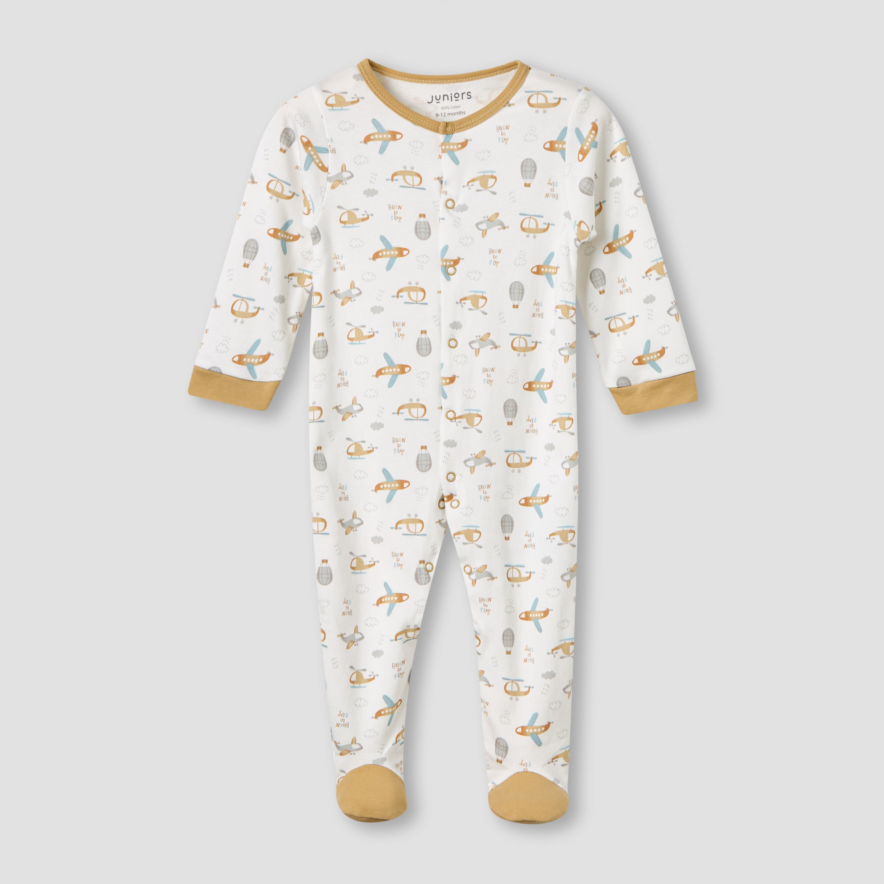 Juniors Cotton Round Neck Long Sleeves Sleepsuit with Snap Button Closure - Pack of 2