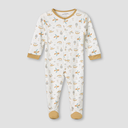 Juniors Cotton Round Neck Long Sleeves Sleepsuit with Snap Button Closure - Pack of 2