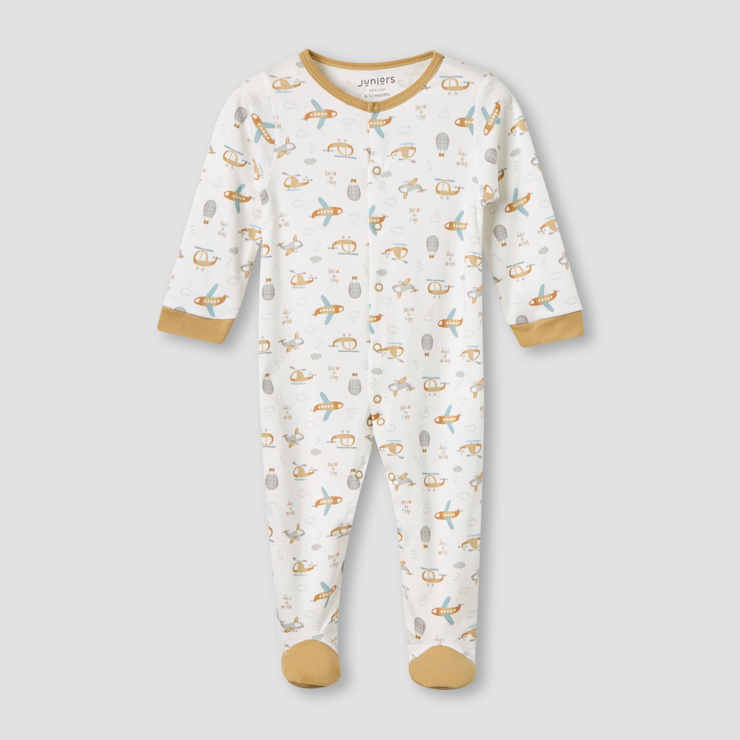 Juniors Cotton Round Neck Long Sleeves Sleepsuit with Snap Button Closure - Pack of 2