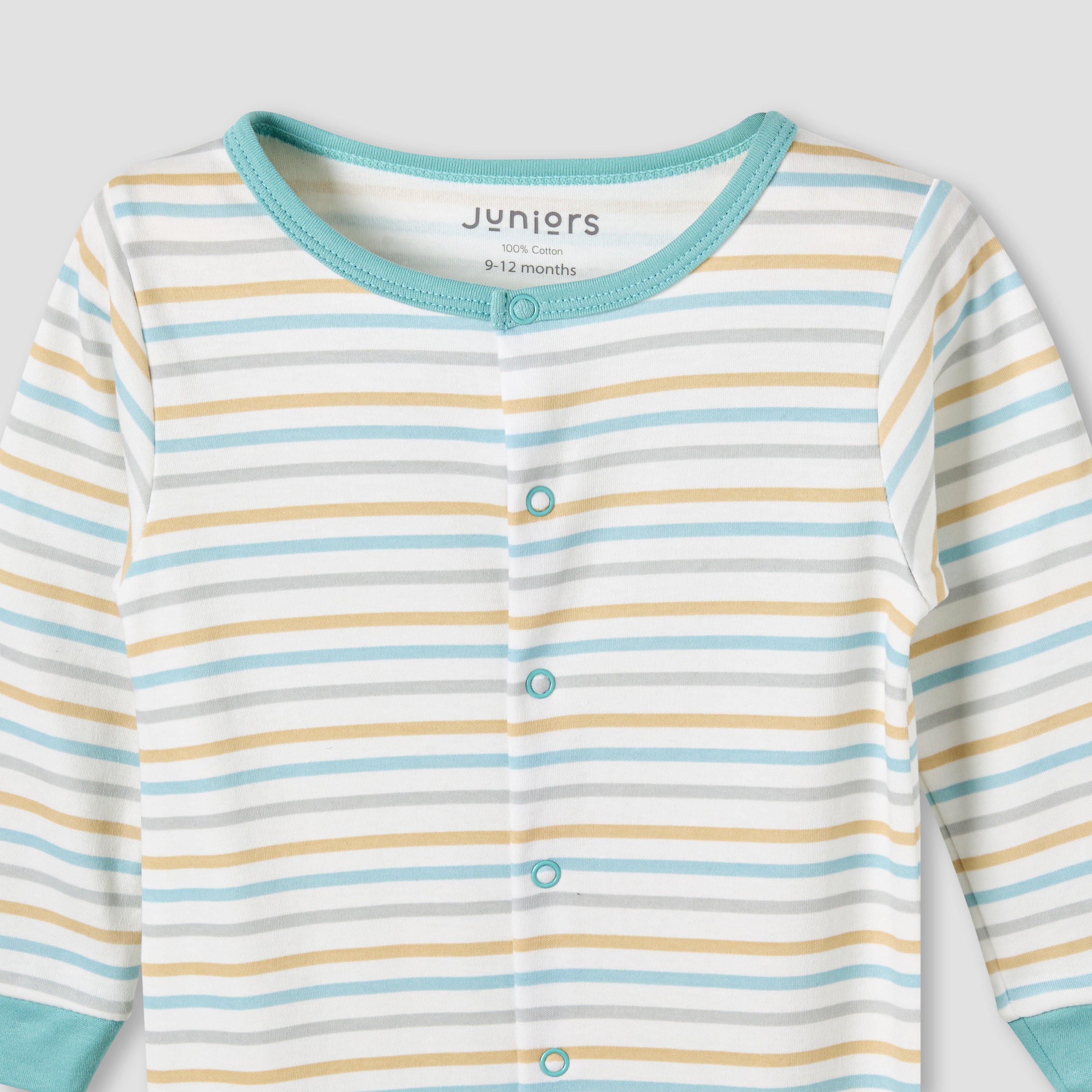 Juniors Cotton Round Neck Long Sleeves Sleepsuit with Snap Button Closure - Pack of 2