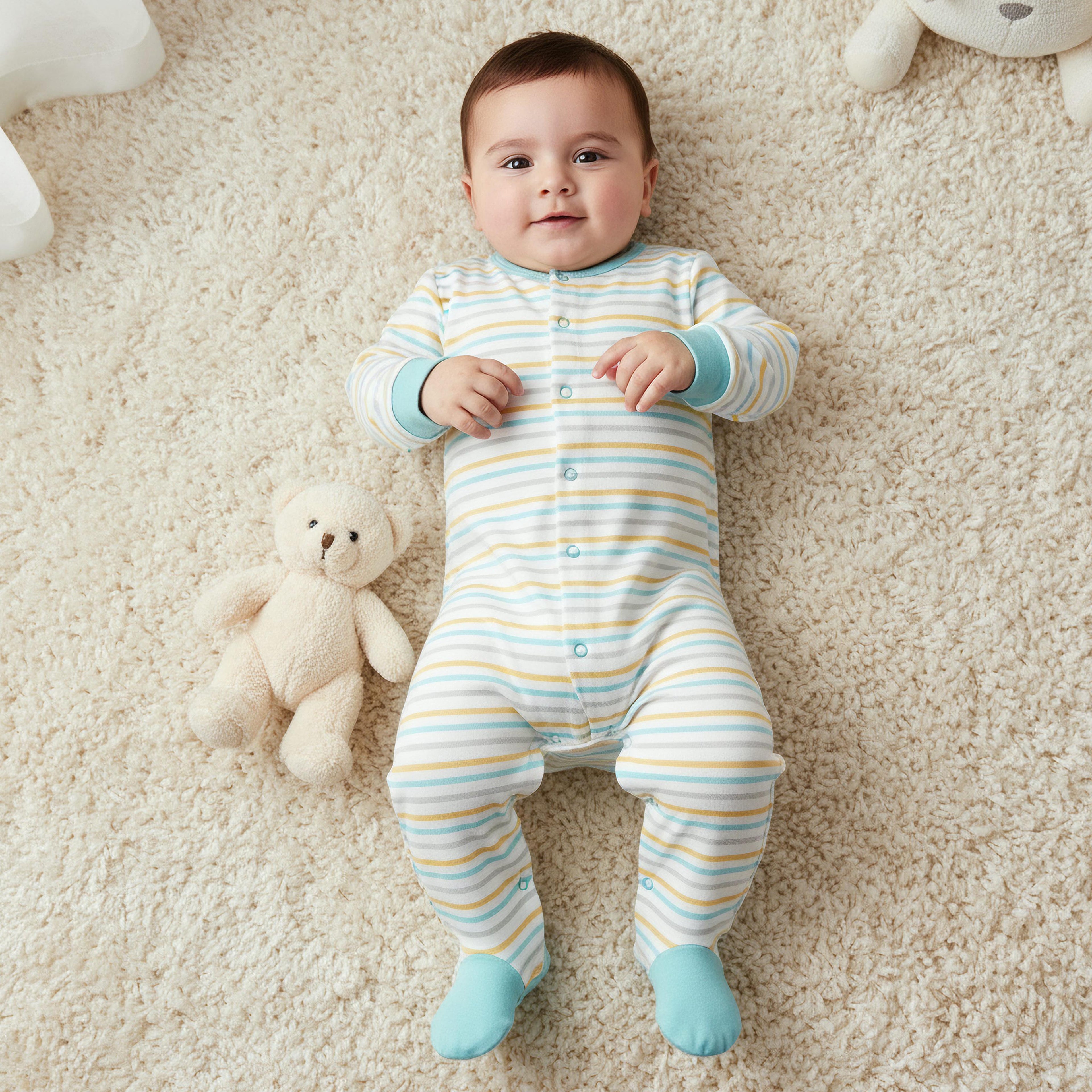 Juniors Cotton Round Neck Long Sleeves Sleepsuit with Snap Button Closure - Pack of 2