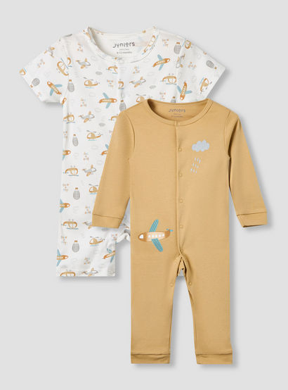 Set of 2 Juniors Cotton Round Neck Sleepsuit and Romper with Snap Buttons-baby-boys-clothing-nightwear-sleepsuits-image-1
