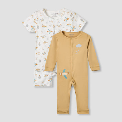 Set of 2 Juniors Cotton Round Neck Sleepsuit and Romper with Snap Buttons - Multicolour / 12-18 mths