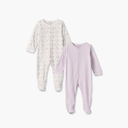 Pack of 2 Juniors Cotton Round Neck Long Sleeves Sleepsuit with Assorted Print - Pink / 9-12 mths