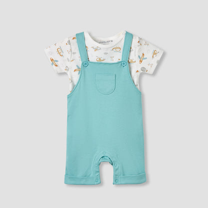 Juniors Crew Neck Short Sleeves Dungaree with Pocket - Blue / 12-18 mths