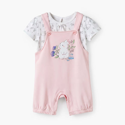 Juniors Round Neck Short Sleeves Top and Dungaree Set with Bunny Print - Pink / 12-18 mths