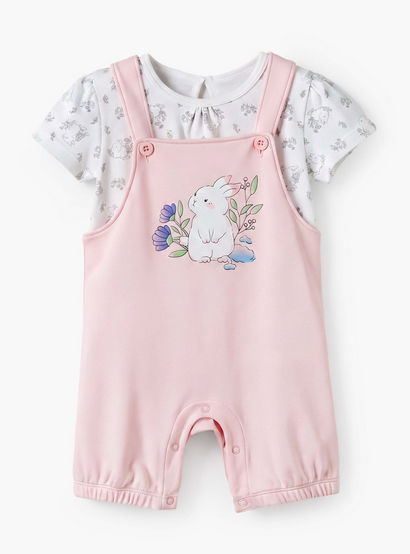 Juniors Round Neck Short Sleeves Top and Dungaree Set with Bunny Print-baby-girls-clothing-setsandcoords-image-1