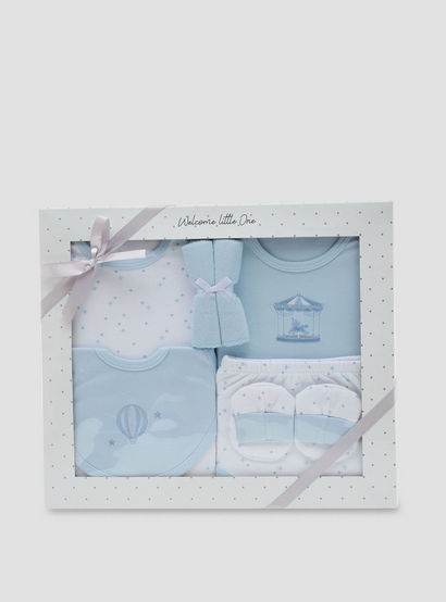Juniors 6-Piece Boys Gift Set - Cotton - Bodysuit, Booties, Bib, Wash Cloth, Briefs - Star Print-baby-boys-clothing-setsandcoords-image-1