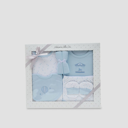 Juniors 6-Piece Boys Gift Set - Cotton - Bodysuit, Booties, Bib, Wash Cloth, Briefs - Star Print - Blue / 3-6 mths